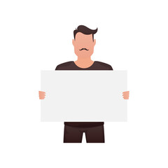 A man of athletic build holds a blank sheet in his hands. Isolated. Cartoon style.