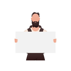 A man of athletic build stands waist-deep and holds a blank sheet in his hands. Isolated. Cartoon style.