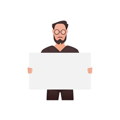 A man stands waist-deep and holds an empty space for advertising in his hands. Isolated. Cartoon style.