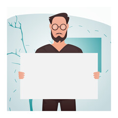 A guy of strong physique stands waist-deep and holds a blank sheet in his hands. Place for your advertisement. Cartoon style.