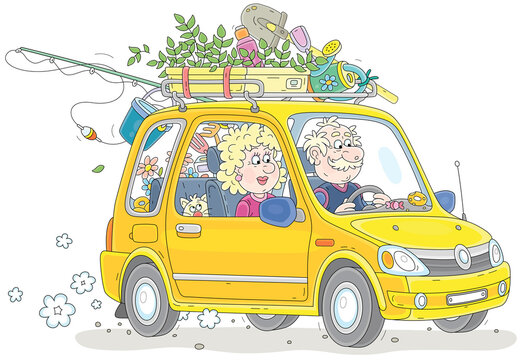 Happy grandpa and grandma with a funny cat, household things and seedlings driving in their car to the country on summer vacation, vector cartoon illustration on white
