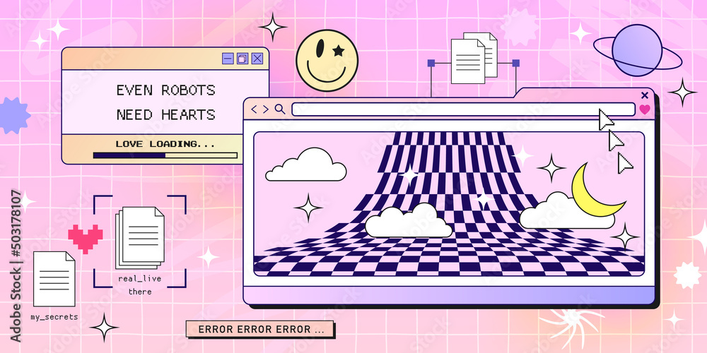 Wall mural retro browser computer window in 90s vaporwave style with smile face hipster stickers. retrowave pc 