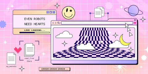 Retro browser computer window in 90s vaporwave style with smile face hipster stickers. Retrowave pc desktop with message boxes and popup user interface elements, Vector illustration of UI and UX