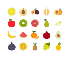 Set of icons. Fruits. Proper nutrition. Linear style. Vegetarian. Vegan
