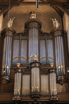 Interior of Nieuwe Kerk (New Church, 1396 - 1496) in Delft. New Church used as royal crypt of the House of Orange-Nassau since 1584. Delft, the Netherlands. February 12, 2022.