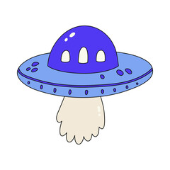 Cute blue UFO flying . Vector illustration. Alien space ship. Sticker in cartoon style with contour. Futuristic unknown flying object. Isolated on white background