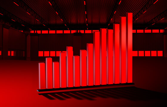Warehouse business concept. Growing graph in warehouse hangar. Graph symbolizes growth of what area. Dynamics to income of warehouse company. Red neon infographic in empty building. 3d rendering. © Grispb