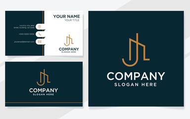 Letter J with building logo suitable for company with business card template