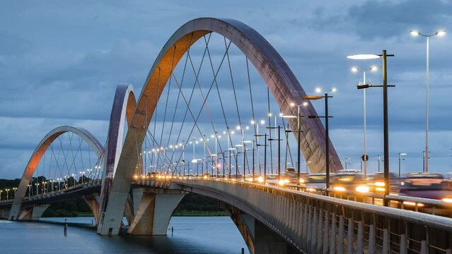 Time lapse view of rush hour traffic on JK Bridge in Brasilia, Federal District, capital of Brazil.	