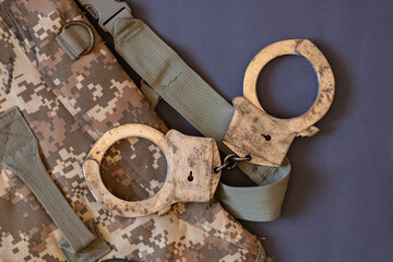 Old handcuffs lie on a camouflage bag , law