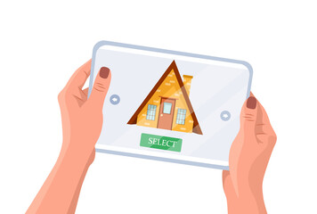 The concept of buying and renting housing, houses online. Choose apartments online via the Internet on a tablet or phone. Stock vector flat illustration. Hands are holding a tablet.