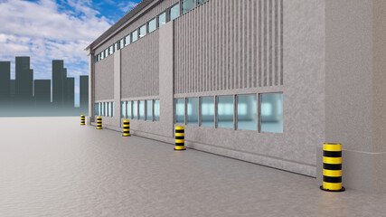 Distribution warehouse facade. Distribution center building in summer weather. Skyline with skyscrapers behind distribution warehouse. Spacious concrete pad next to building. 3d rendering.