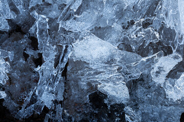 Macro close-up of abstract ice formations in the winter, viewed from above. Abstract full frame textured background with copy space. Top view.