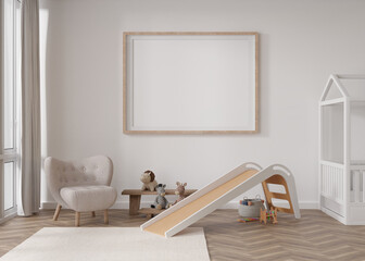 Empty horizontal picture frame on white wall in modern child room. Mock up interior in scandinavian style. Free, copy space for picture. Bed, armchair, toys. Cozy room for kids. 3D rendering. © Creative_Bird