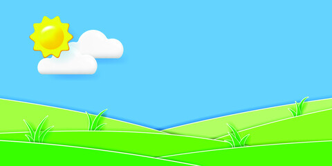 Spring rural landscape with green hills. Spring rustic scene, sun, cloud and blue sky. Layered background and realistic objects