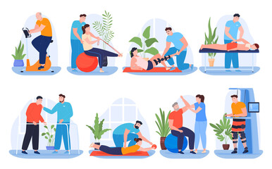 Post-traumatic rehabilitation of people. Doctors who treat patients after surgery. Vector illustration on a white background