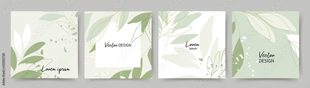 Wall mural spring summer green square backgrounds. minimalistic style with floral elements. editable vector tem