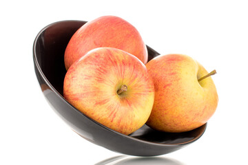 Three sweet ripe apples in a black ceramic plate, close-up, isolated on a white background.