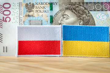 500+ Five hundred zloty banknote, plus sign and the flag of Ukraine and Poland, Concept of the Polish social program supporting parents, Extented fo Ukrainian mothers fleeing the war