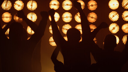 Silhouettes happy people dancing on disco. Active crowd jumping with excitement 