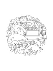 Cute coloring page for kids with cartoon animals and things on beach. Cartoon big coloring poster in doodle style.