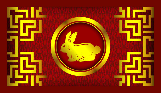 chinese new year flat design with rabbit logo on red background and gold ornament