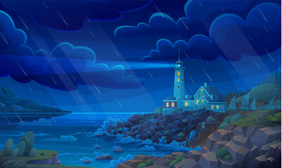 Fototapeta Night view of seacoast with lighthouse during rain. Landscape of nature with sea or river and buildings. Lighthouse on bank in rainy weather Beautiful scenic landscape, picturesque scenery at night obraz