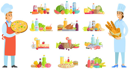 Male chef standing with hot pizza, dish of italian cuisine in hands. Female bakehouse worker holding hot bakery in bread basket. Professional bakers stand surrounded by healthy and junk food sets