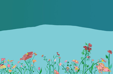 Ilustracja motyw roślinny kolorowe kwiaty na niebieskim tle © Monika