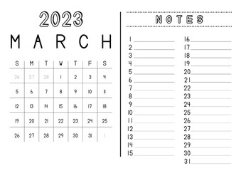 Monthly Calendar March 2023
