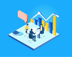  Business people reading graphs, analysing data, make decisions, developing and improving working process. Isometric infographic illustration.
