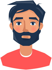 Neutral face expression of adult man. Guy with emotion of calmness, indifference. Face of handsome male character. Calm bearded person isolated on white background. Expressing human emotion concept