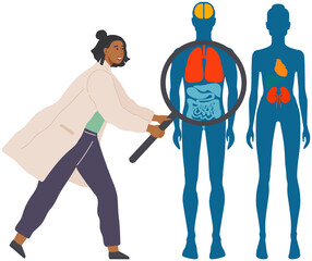 Doctor professional person working with mgnifying device. Medical research and therapy. Dagnosis of health. Medical consultation and diagnostics. Woman with loupe looking at organs in human body
