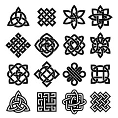Celtic trinity. Irish knot, pagan tattoo icon and intertwined line loop. Interconnection silhouette vector symbol set