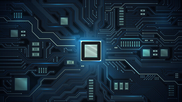 Processor on circuit board. Motherboard chips, microchip electronic and digital circuits vector illustration