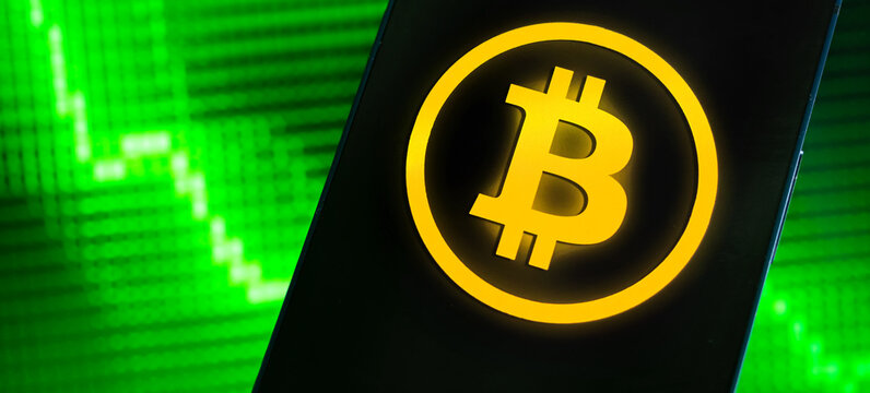 Banner bitcoin new virtual money concept and financial growth concept on green chart background, business photo