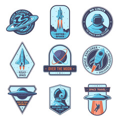 Space badges. Expore other planer patches, space travel badge and over the moon emblem vector set - obrazy, fototapety, plakaty