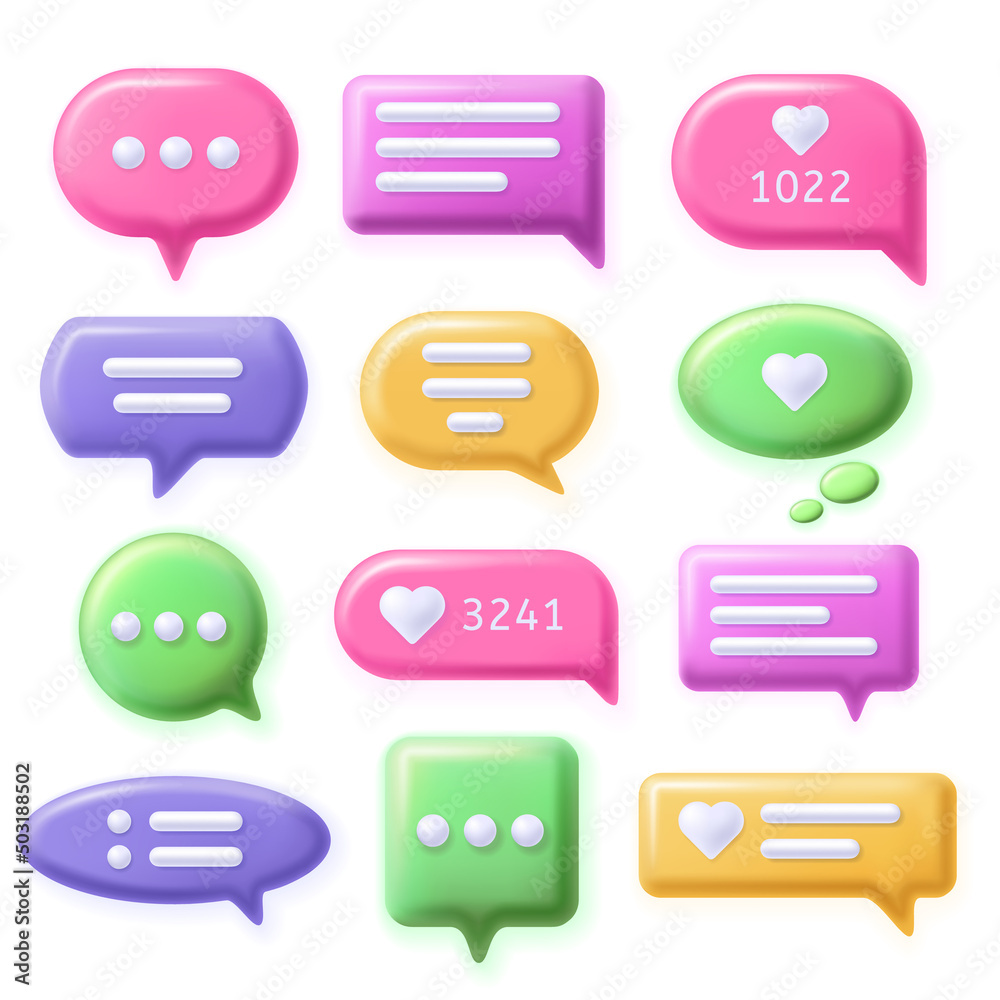 Poster speech 3d bubbles. talk message buttons, text chat app elements and dialog messages shapes vector ic