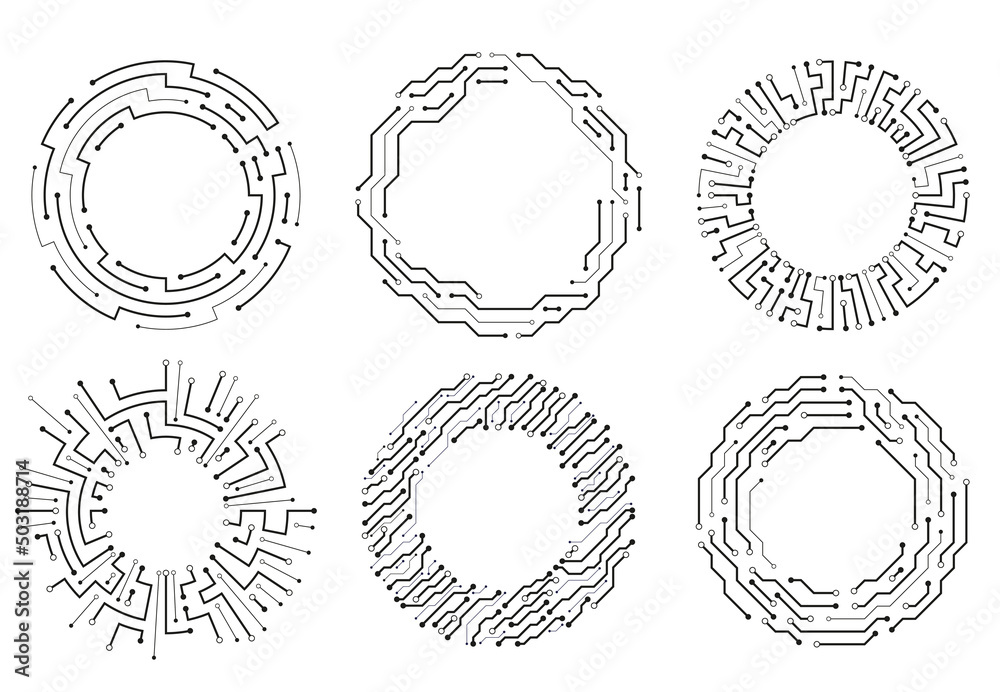 Wall mural circuit board circle frames. abstract digital round frame, hardware board and elictronic motherboard