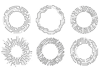 Circuit board circle frames. Abstract digital round frame, hardware board and elictronic motherboard pattern vector set