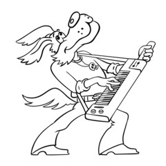 Outline drawing of a funny dog playing a guitar isolated on white. The dog from the Bremen Town Musicians plays the keytar. Vector cartoon character dog musician.