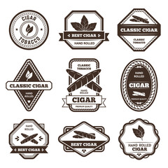 Cigar labels. Classic tobacco leaf sign, hand rolled cigarette and nicotine product badges vector set - obrazy, fototapety, plakaty
