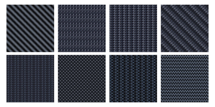 Carbon fiber texture. Interlaced fibers, carbonic woven and black aramid material seamless pattern vector set