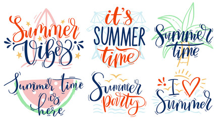 Summer time. Hand drawn lettering, summer tags and season party vector Illustration set