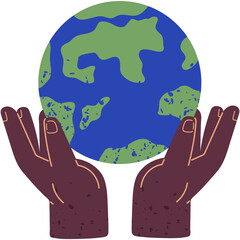 Globe between human hands. Planet with world ocean and continents. Earth model in hands. Symbol of caring for nature, environment and ecology of planet. Person protects Earth vector illustration