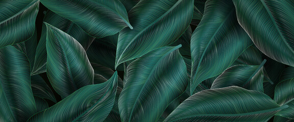 Fototapety  Botanical art background with tropical leaves in dark green and blue in line style. Abstract floral hand drawn illustration for use in wallpaper design, textile, interior decor