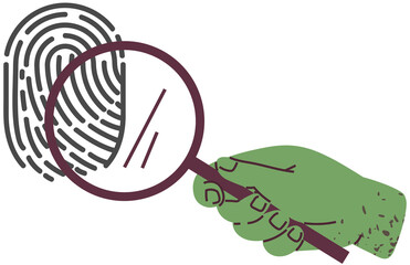 Obraz premium Black and white finger print with search loupe. Office stationery in human hand. Magnifying glass or lens to look at investigation evidence. Person with loupe looking at fingerprint, evidence