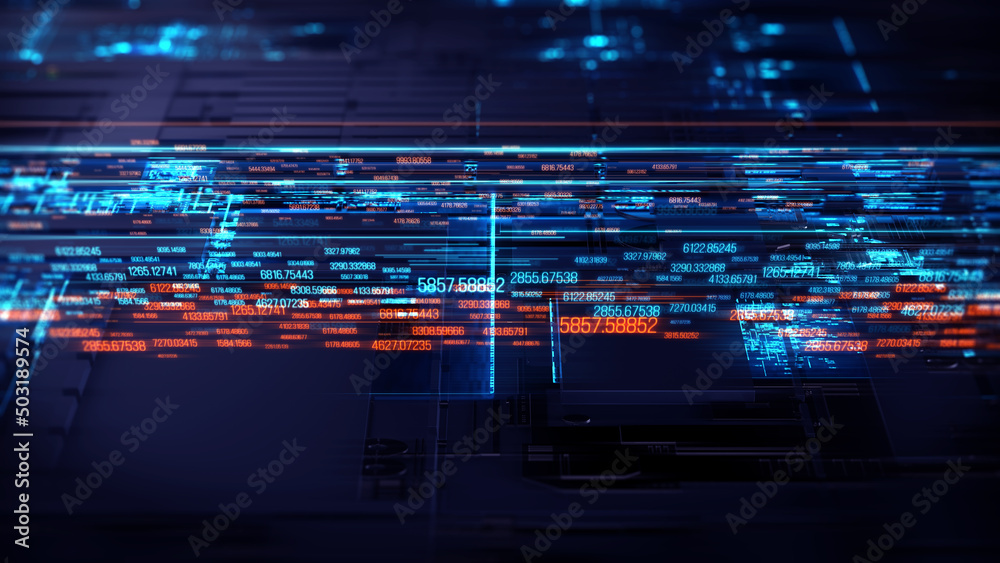 Fototapete Printed circuit board futuristic server/The mother server is processing the data, Circuit board futuristic server code processing. Orange, red, blue technology background with bokeh. 3d rendering