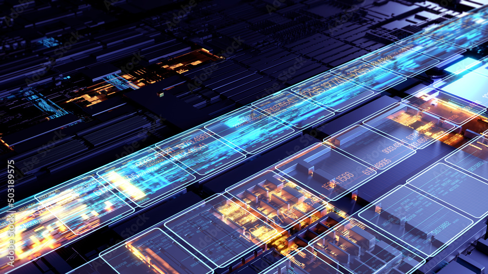 Fototapete Printed circuit board futuristic server/The mother server is processing the data, Circuit board futuristic server code processing. Orange, red, blue technology background with bokeh. 3d rendering