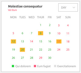 Event timetable with creative design vector illustration. Monthly calendar template with marked dates. Print edition of planner in form of table with weeks. Monthly scheduling and time management